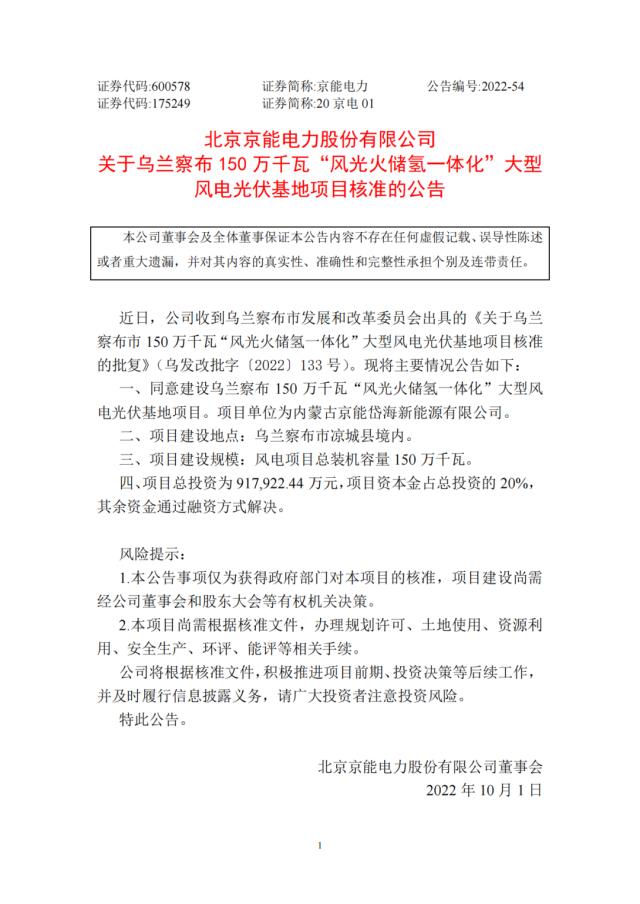 京能電力150萬千瓦“風(fēng)光火儲(chǔ)氫”基地獲批！