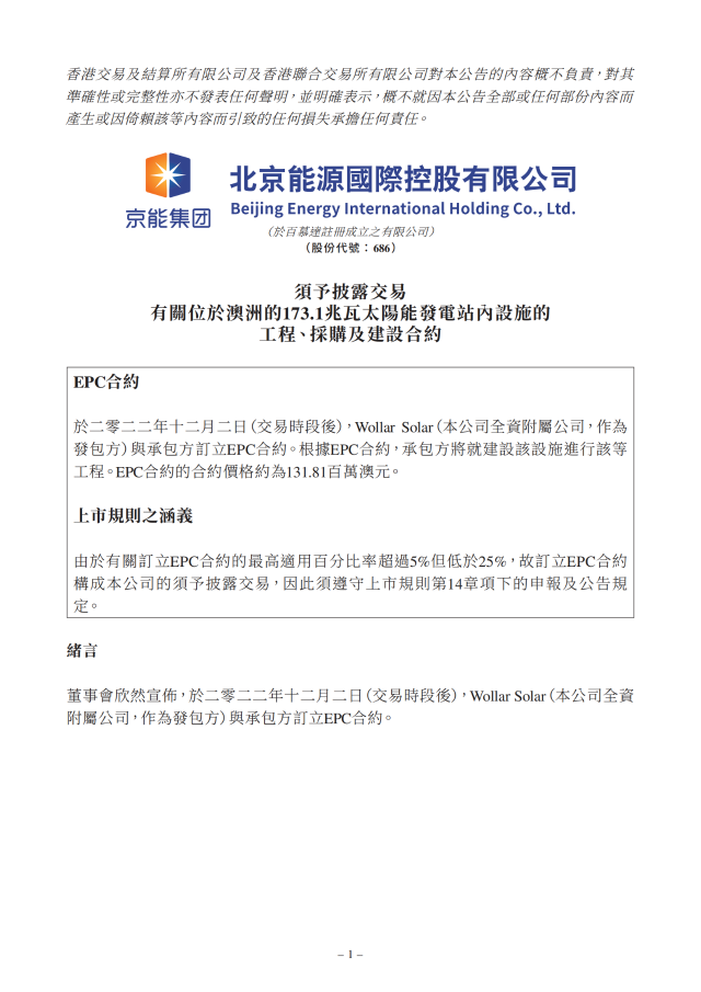 6.17億！北京能源國際簽訂173.1MW光伏EPC合約